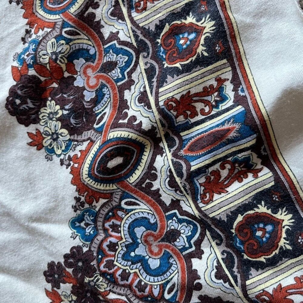 VTG Boho Paisley Border Scarf Cream Brown Blue Ultra Soft 28” - Picture 7 of 8